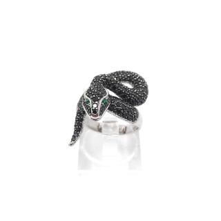 Bague Serpent Or Blanc 18k Diamants noirs & Émeraudes