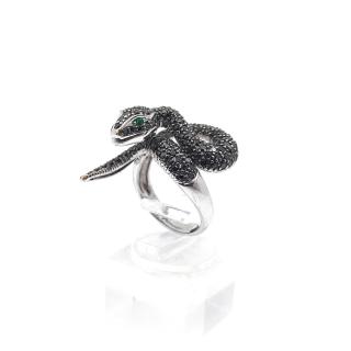 Bague Serpent Or Blanc 18k Diamants noirs & Émeraudes