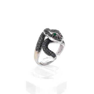 Bague Serpent Or Blanc 18k Diamants noirs & Émeraudes